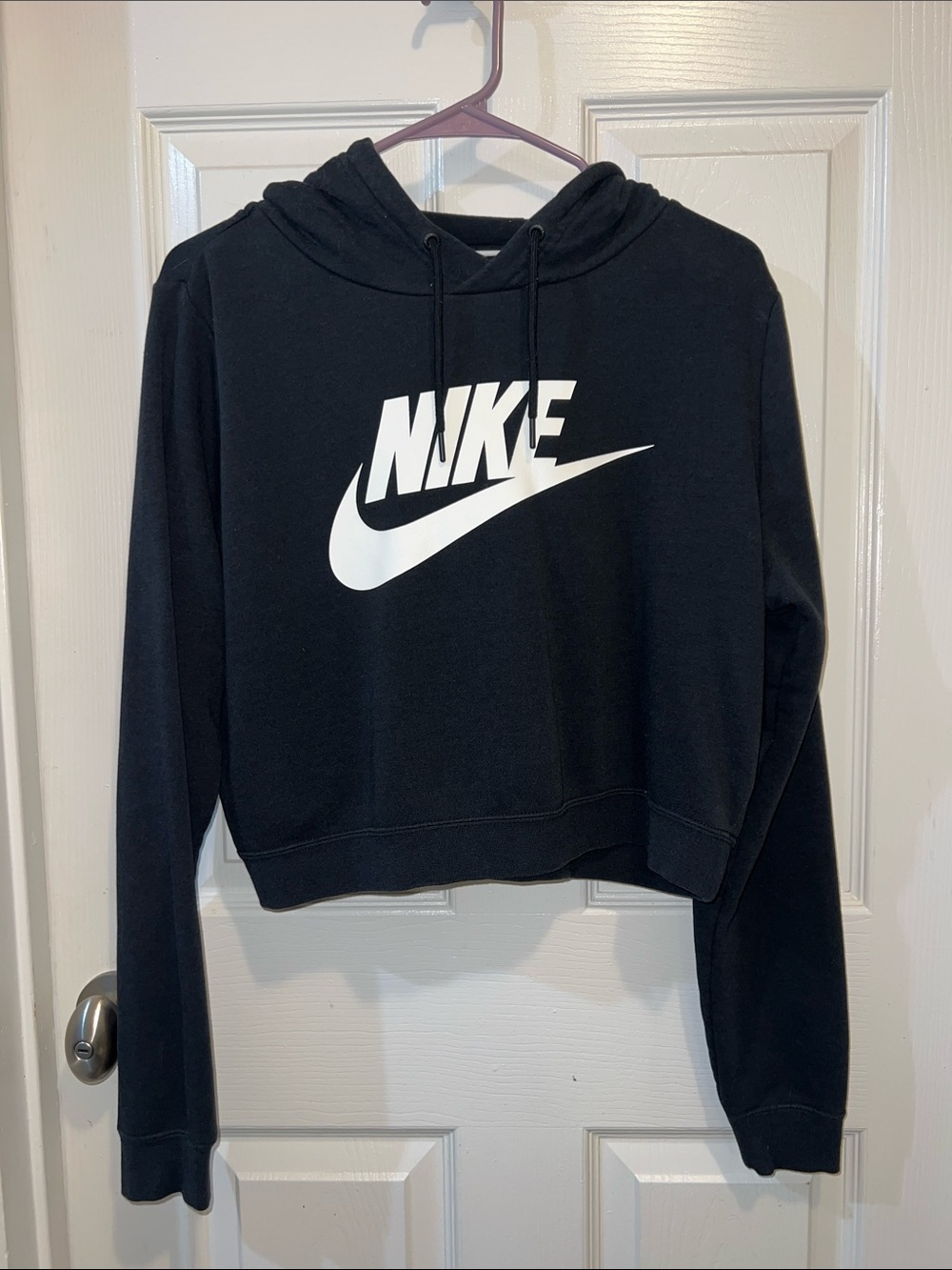 Nike Women's Black Cropped Hoodie with White Swoosh